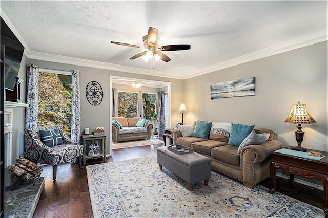 living room featuring ceiling fan, dark hardwood / wood-style floors, a healthy amount of sunlight, and ornamental molding