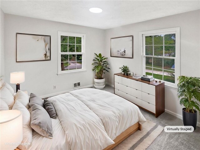 carpeted bedroom featuring multiple windows