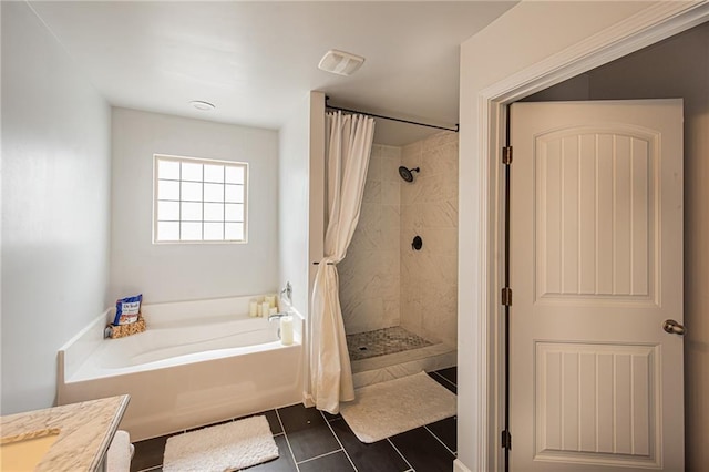 305 Thimbleberry Dr, Dawsonville, GA 30534 - full bathroom featuring a bath, tiled shower, tile patterned floors, and vanity