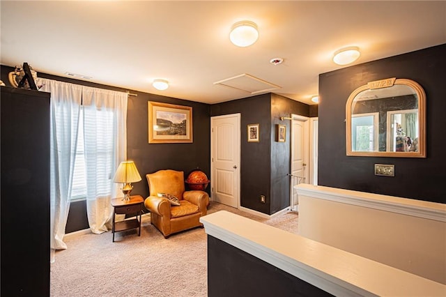 305 Thimbleberry Dr, Dawsonville, GA 30534 - living room featuring light carpet and attic access