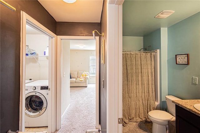 305 Thimbleberry Dr, Dawsonville, GA 30534 - full bathroom featuring washer / dryer, vanity, and shower / bath combo with shower curtain