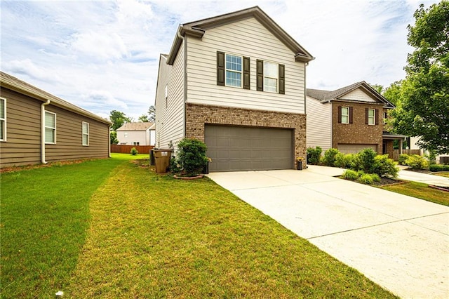305 Thimbleberry Dr, Dawsonville, GA 30534 - view of front of house featuring an attached garage, brick siding, concrete driveway, and a front lawn