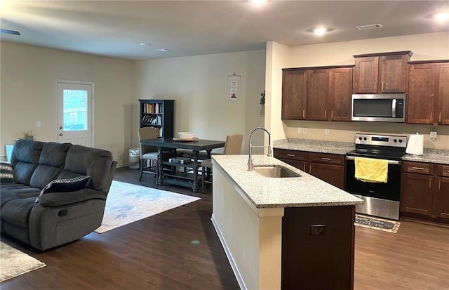 kitchen with stainless steel appliances, visible vents, open floor plan, a kitchen island with sink, and a sink