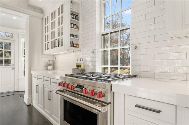 kitchen with white cabinetry, dark hardwood / wood-style floors, decorative backsplash, and luxury stove