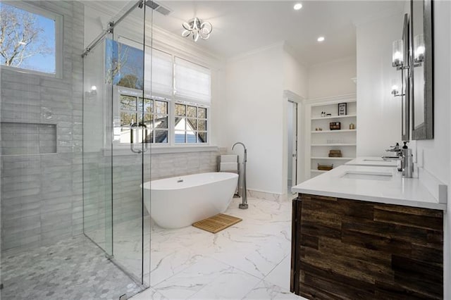 bathroom with ornamental molding, vanity, built in features, tile patterned floors, and independent shower and bath