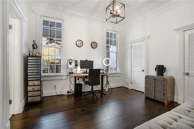 office area featuring a notable chandelier, ornamental molding, and dark hardwood / wood-style flooring