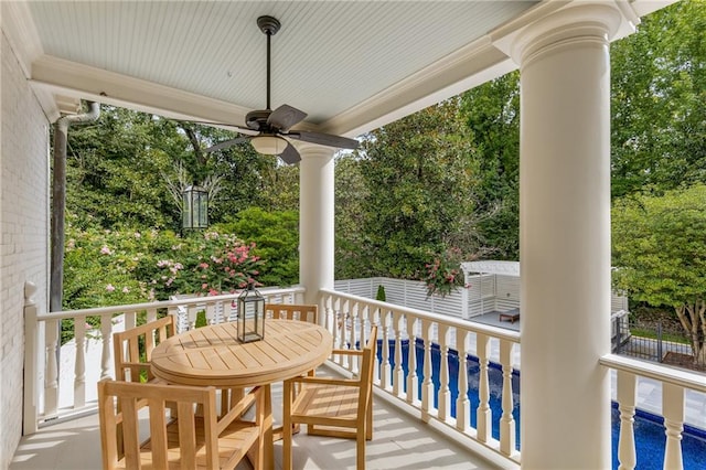 balcony featuring ceiling fan and a swimming pool