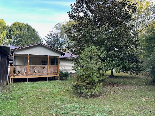 rear view of property featuring a yard and metal roof