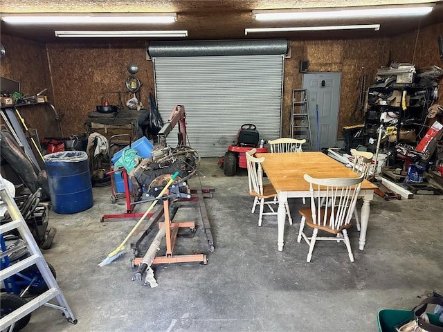 garage with a workshop area