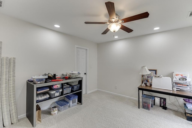 home office with ceiling fan, carpet floors, recessed lighting, and baseboards