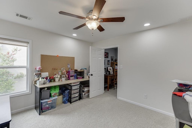 office with carpet flooring, a ceiling fan, plenty of natural light, baseboards, and recessed lighting