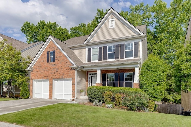 view of front facade with brick siding, concrete driveway, a garage, and a shingled roof