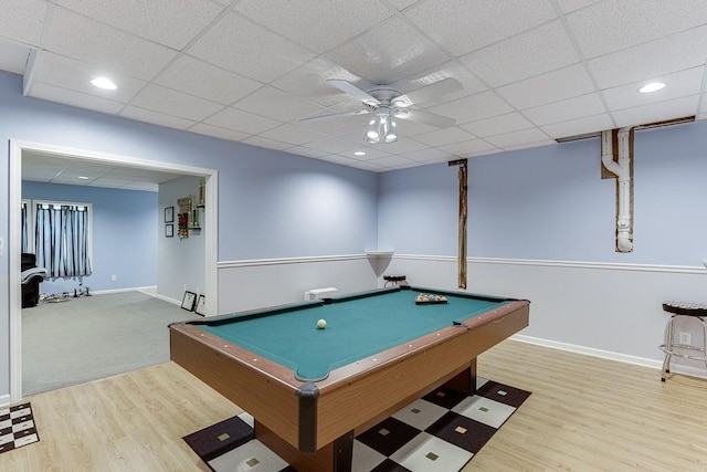 rec room with wood finished floors, pool table, baseboards, a paneled ceiling, and recessed lighting