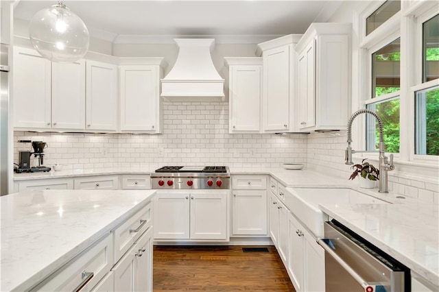 kitchen with white cabinetry, custom range hood, appliances with stainless steel finishes, and a sink