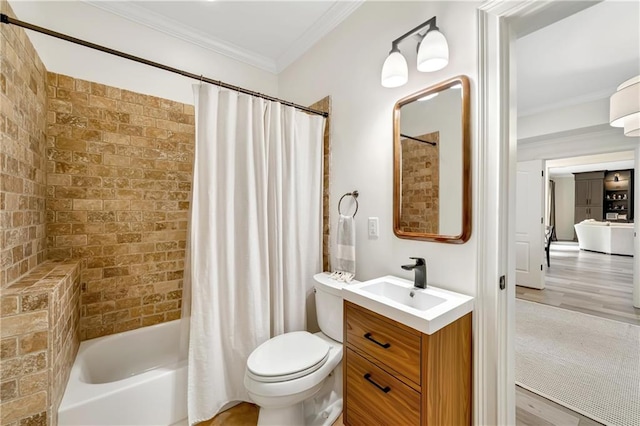 full bathroom with shower / bath combo, toilet, ornamental molding, wood finished floors, and vanity
