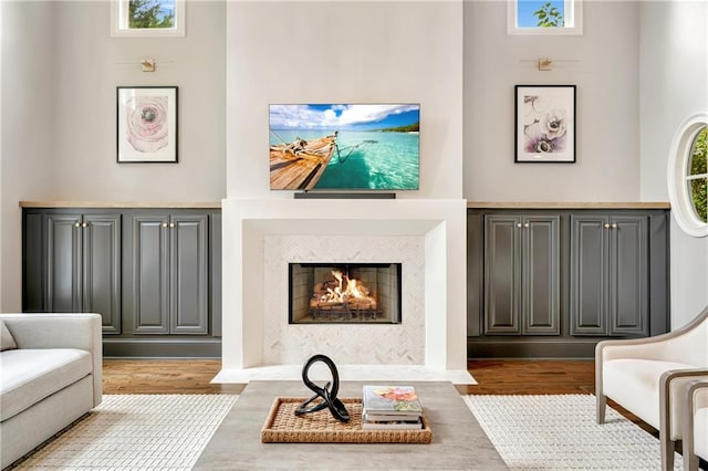 living area featuring wood finished floors and a tiled fireplace