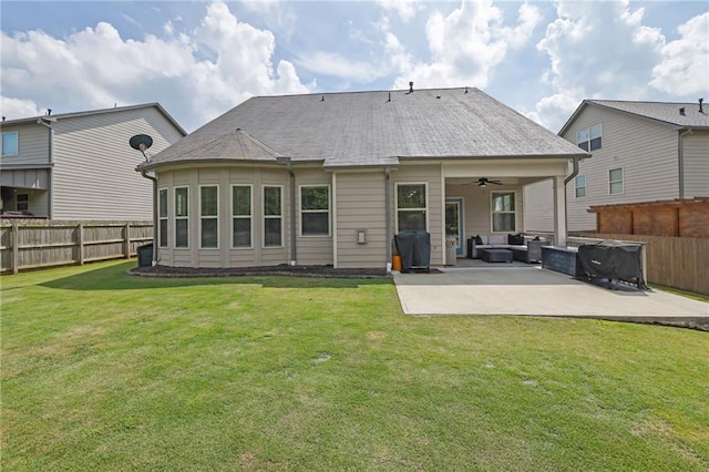 3940 Frasier Dr, Cumming, GA 30028 - rear view of house with a ceiling fan, a patio, a fenced backyard, and an outdoor hangout area