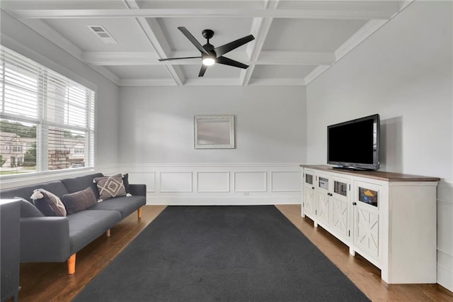 3940 Frasier Dr, Cumming, GA 30028 - living room with ceiling fan, dark wood-style flooring, coffered ceiling, beamed ceiling, and a wainscoted wall