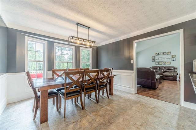 1623 Pratt Rd, Covington, GA 30014 - dining room featuring a decorative wall, a textured ceiling, and wainscoting