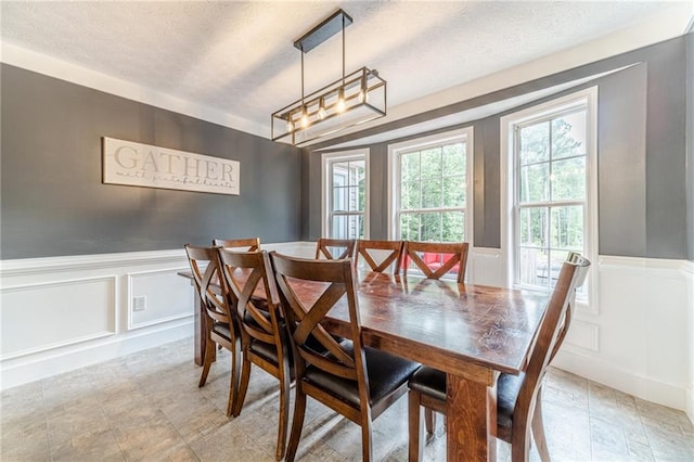 1623 Pratt Rd, Covington, GA 30014 - dining room featuring a decorative wall, a textured ceiling, wainscoting, and a chandelier