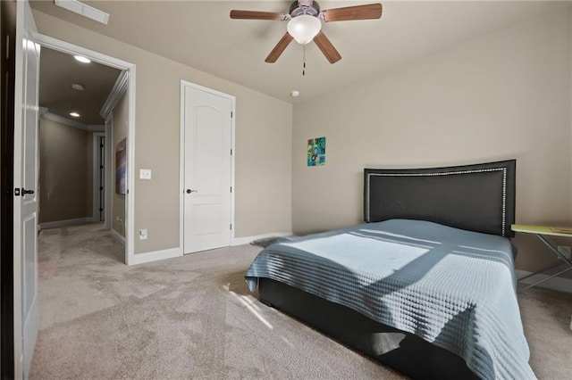 carpeted bedroom featuring ceiling fan