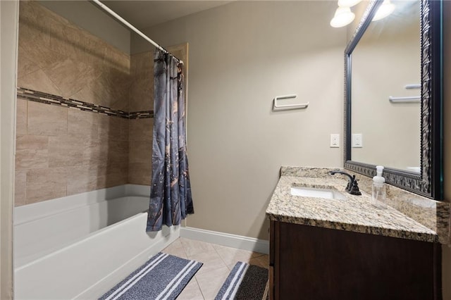 bathroom with shower / bath combo, tile patterned floors, and vanity