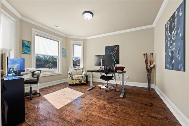 office space featuring dark hardwood / wood-style flooring and ornamental molding