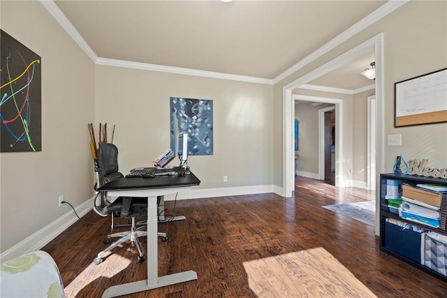 office space featuring crown molding and hardwood / wood-style floors