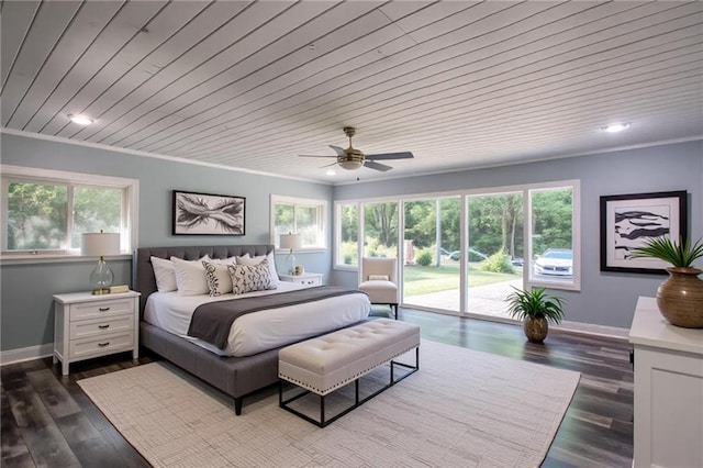 bedroom with baseboards, access to outside, recessed lighting, and wood ceiling