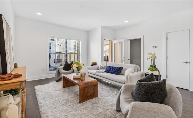 living room with dark wood-type flooring