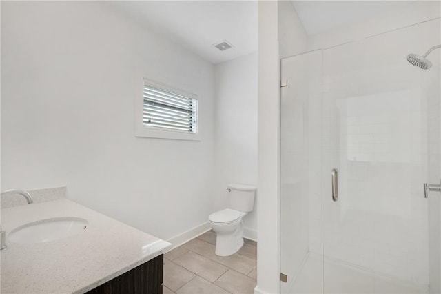 bathroom with tile patterned flooring, a shower with door, vanity, and toilet