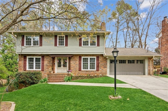 4873 Parliament Way, Atlanta, GA 30338 - colonial home featuring driveway, a front yard, a chimney, brick siding, and a garage