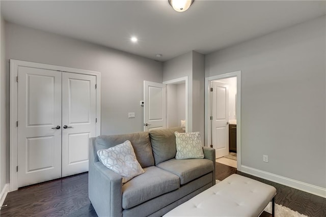 living room featuring dark wood-type flooring