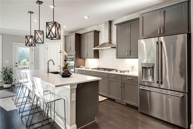 kitchen featuring wall chimney exhaust hood, sink, decorative light fixtures, appliances with stainless steel finishes, and a kitchen island with sink