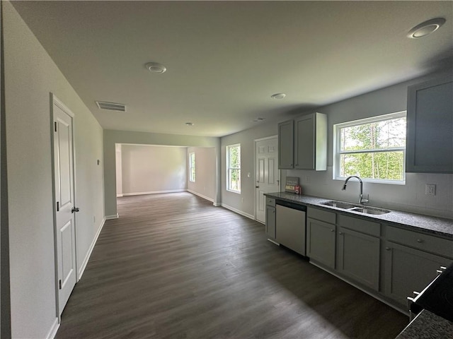 15 Fontana Ct, Covington, GA 30016 - kitchen featuring dishwasher, gray cabinets, dark wood finished floors, and recessed lighting