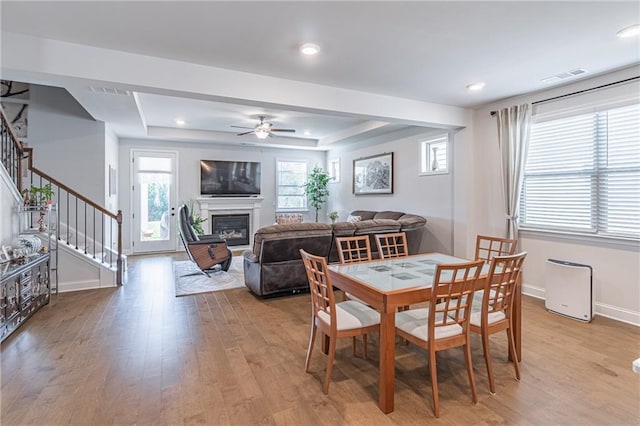 dining space with a raised ceiling, light hardwood / wood-style floors, and ceiling fan