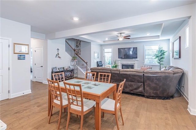 dining space with ceiling fan, plenty of natural light, a tray ceiling, and light hardwood / wood-style flooring