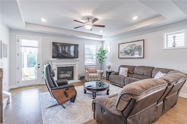 living room with a raised ceiling and a wealth of natural light