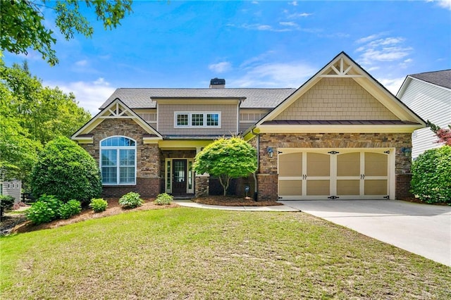 craftsman inspired home featuring driveway, a front yard, a chimney, stone siding, and a garage
