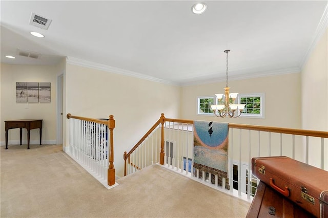 hallway featuring a chandelier, carpet, crown molding, an upstairs landing, and recessed lighting