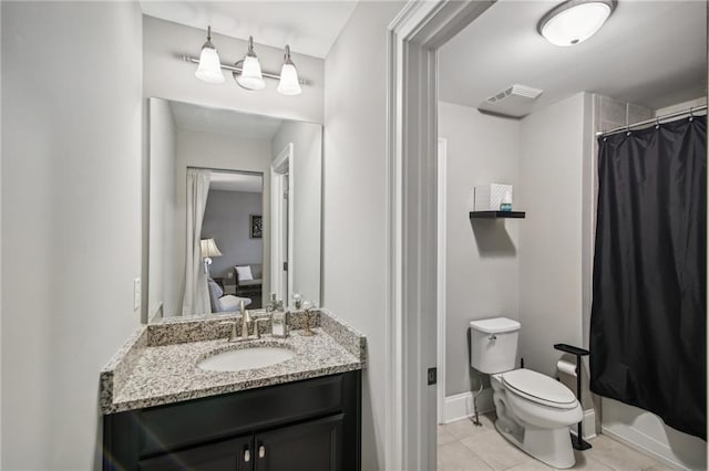 bathroom featuring vanity, toilet, tile patterned floors, and a shower with shower curtain