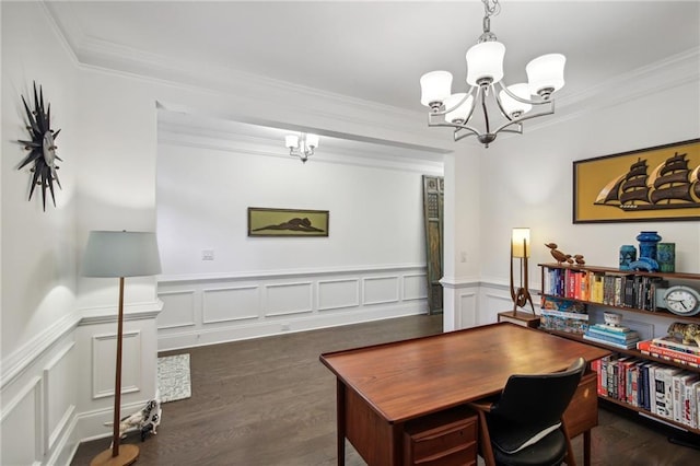 home office featuring crown molding, dark hardwood / wood-style floors, and a chandelier