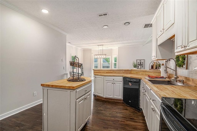 232 Christian Cir, Carrollton, GA 30116 - kitchen with wooden counters, black dishwasher, crown molding, a peninsula, and a sink