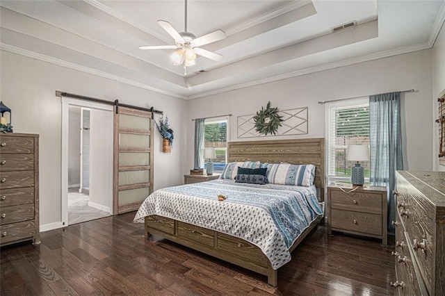 232 Christian Cir, Carrollton, GA 30116 - bedroom featuring a tray ceiling, a barn door, multiple windows, wood finished floors, and ornamental molding