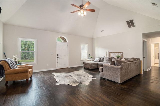 232 Christian Cir, Carrollton, GA 30116 - living room featuring ceiling fan, plenty of natural light, high vaulted ceiling, wood finished floors, and baseboards