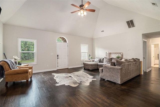 232 Christian Cir, Carrollton, GA 30116 - living room featuring ceiling fan, high vaulted ceiling, plenty of natural light, and wood finished floors