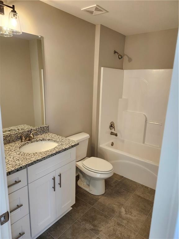 full bath featuring toilet, shower / tub combination, vanity, and visible vents