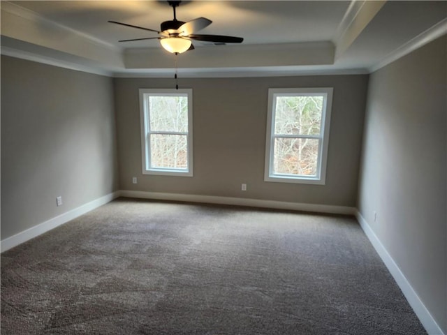 carpeted spare room with baseboards, ornamental molding, a raised ceiling, and a healthy amount of sunlight