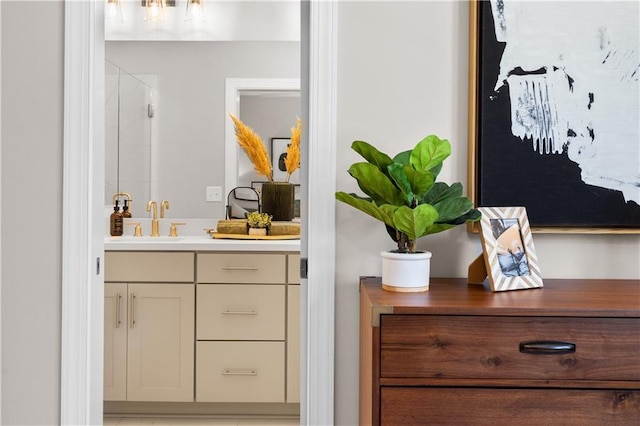 bathroom featuring a shower stall and vanity