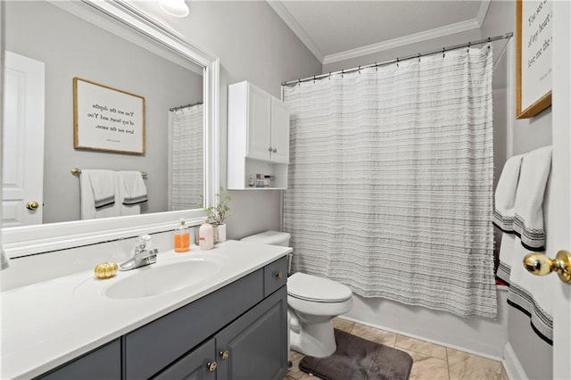 full bathroom featuring toilet, vanity, tile patterned flooring, ornamental molding, and shower / bath combo with shower curtain